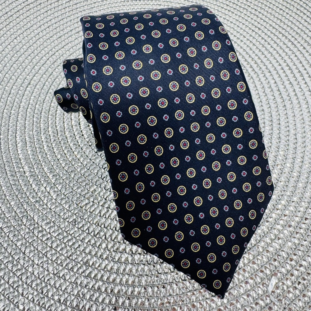 Paris Tie Mens Navy Blue Geometric Medallion Dot Pattern Burgundy‎ Lined Classic